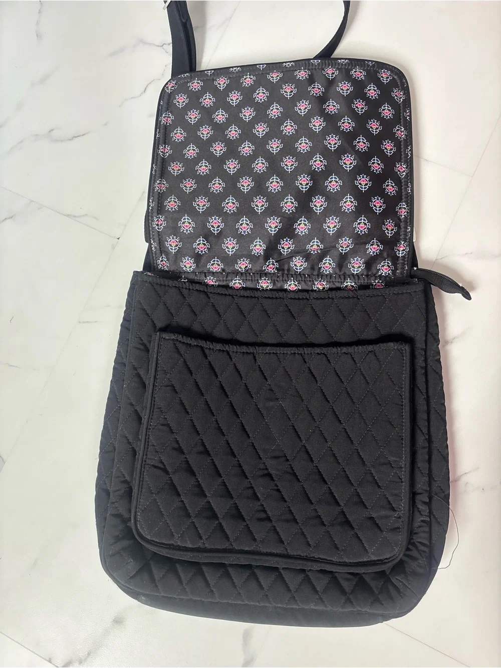 Vera Bradley Blooming Flowers Black Quilted Crossbody Messenger Travel Bag Purse